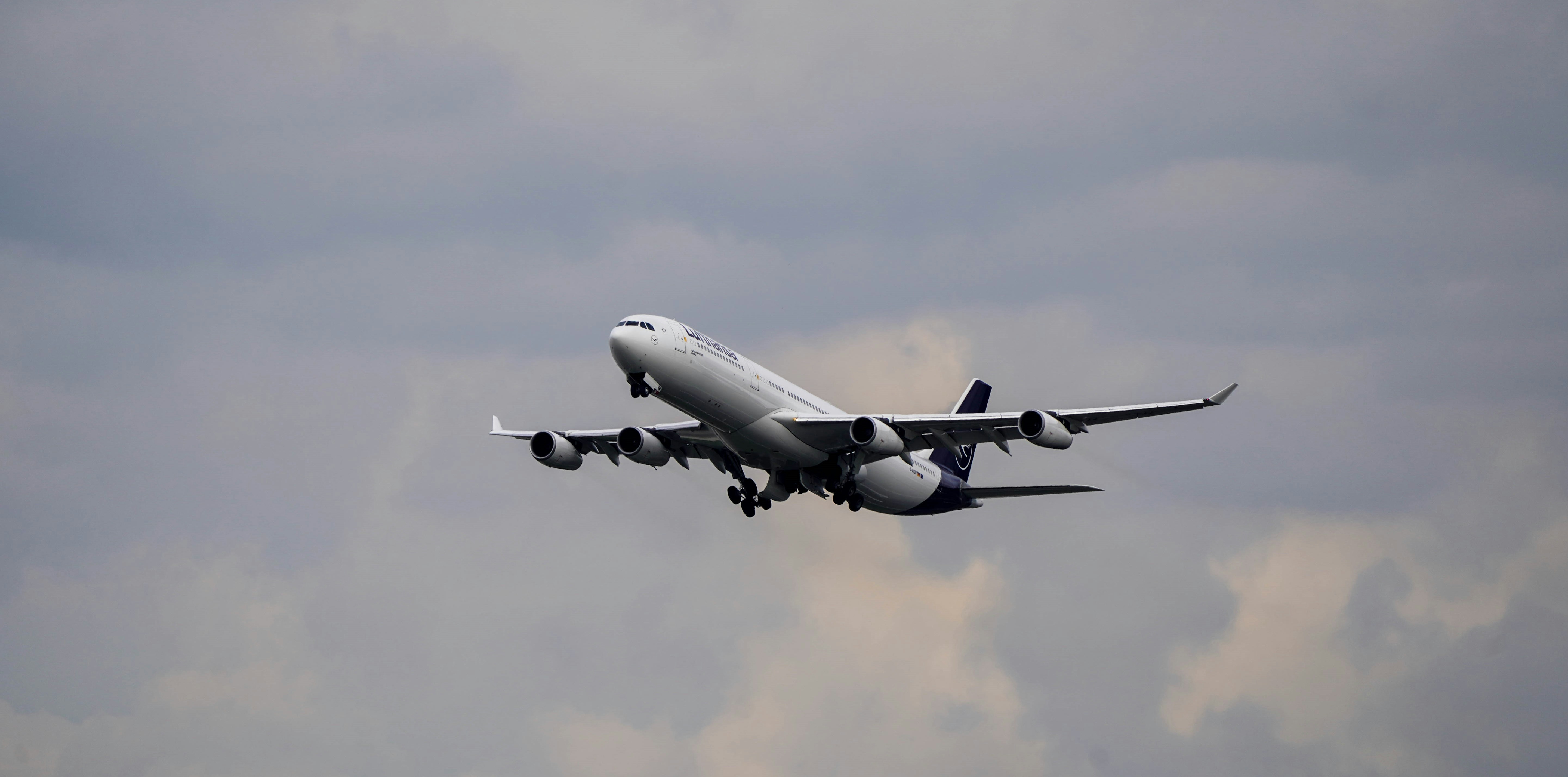 an airplane flying in the sky, Lufthansa Airbus A340 from Frankfurt to Montreal [LH478] during takeoff.