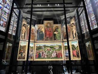 Detailed view of a rare painted panel illustrating biblical scenes from the pre-reformation era.