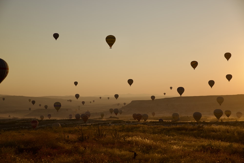 um grupo de balões de ar quente no céu
