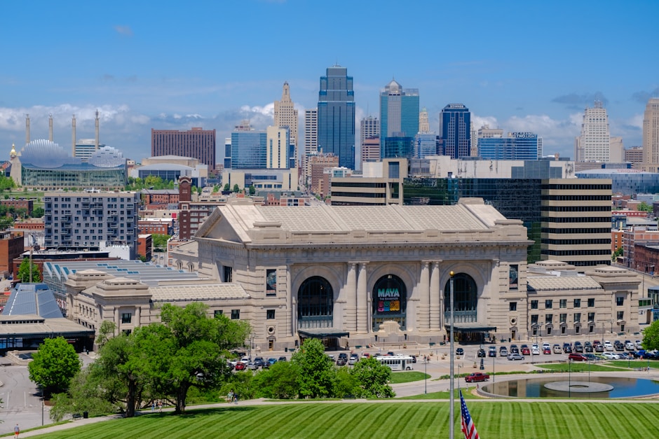 Kansas City downtown Power Light District skyline aerial Union Station Liberty Memorial Tower 1926 National WWI Museum America's only WWI museum Beaux-Arts 1914 train station Sky Stations ceiling art canonical Midwest American city