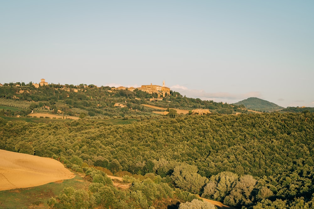 Un paysage avec des arbres et des bâtiments