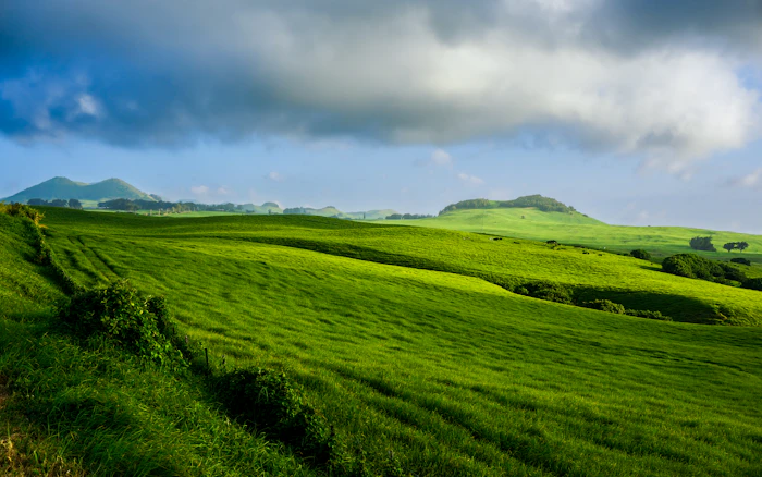 Rolling green highland fields under a cloudy sky