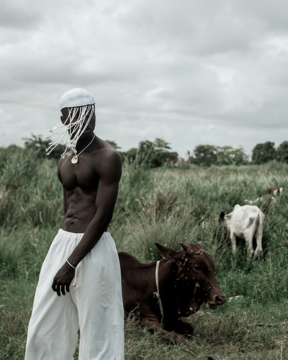 a person with a mask and cows