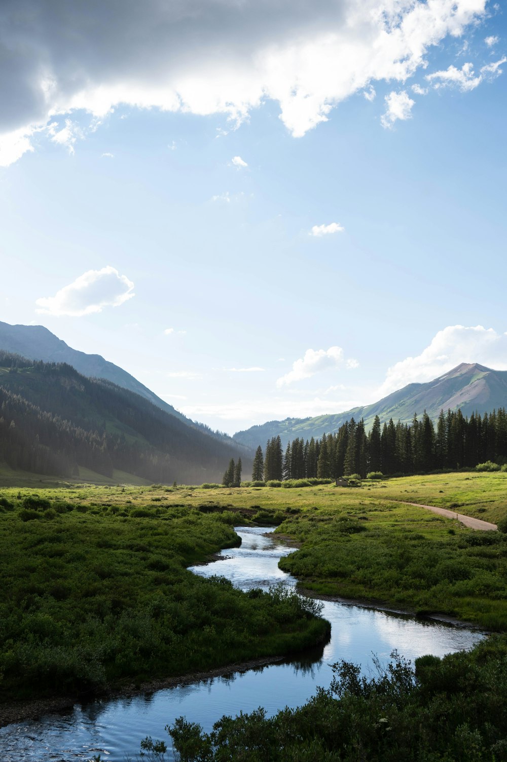 a river running through a valley with mountains in the background