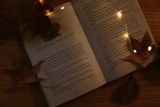 A dimly lit open book with the chapter title 'Talons and Tea Leaves' is adorned with autumn leaves and warm string lights. The scene has a rustic and cozy atmosphere, enhanced by wooden surfaces.