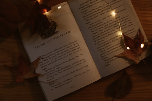 A dimly lit open book with the chapter title 'Talons and Tea Leaves' is adorned with autumn leaves and warm string lights. The scene has a rustic and cozy atmosphere, enhanced by wooden surfaces.