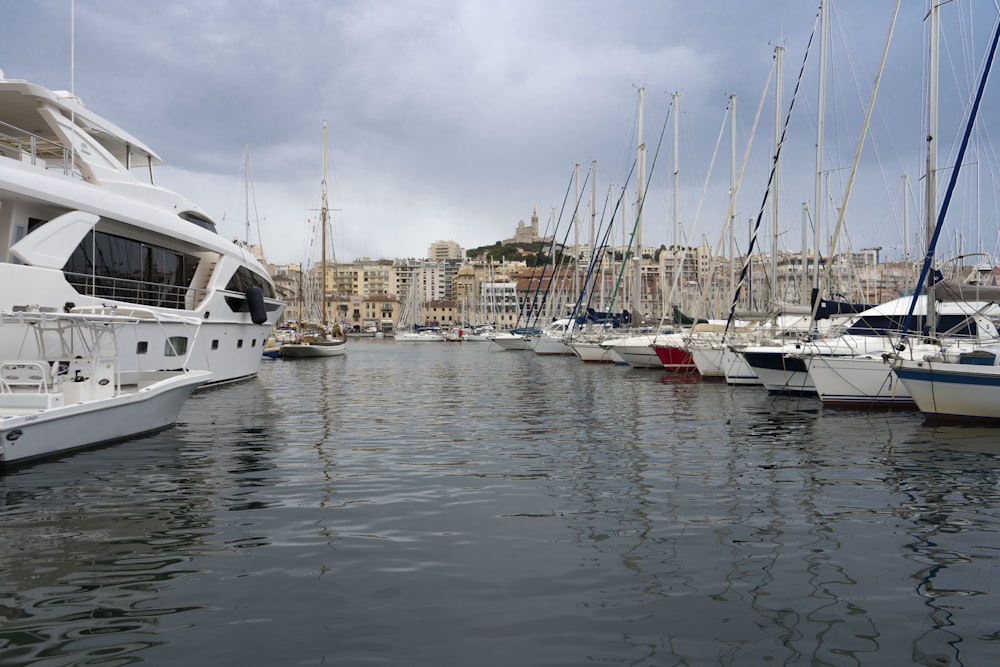 a group of boats sit in a harbor