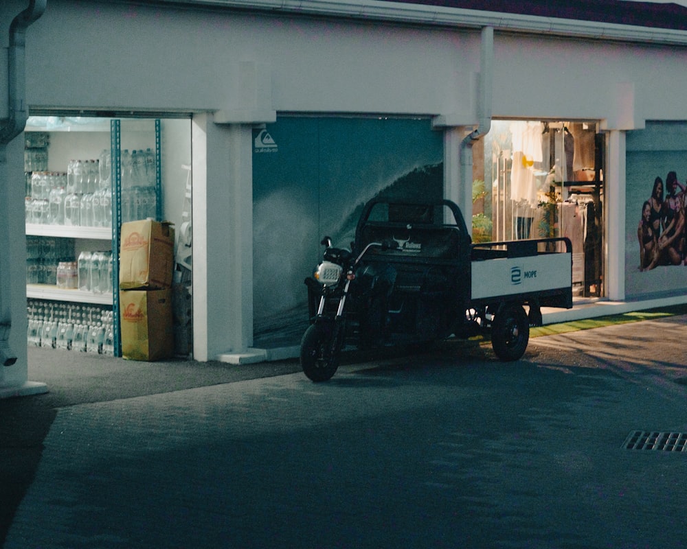 a motorcycle parked outside a store
