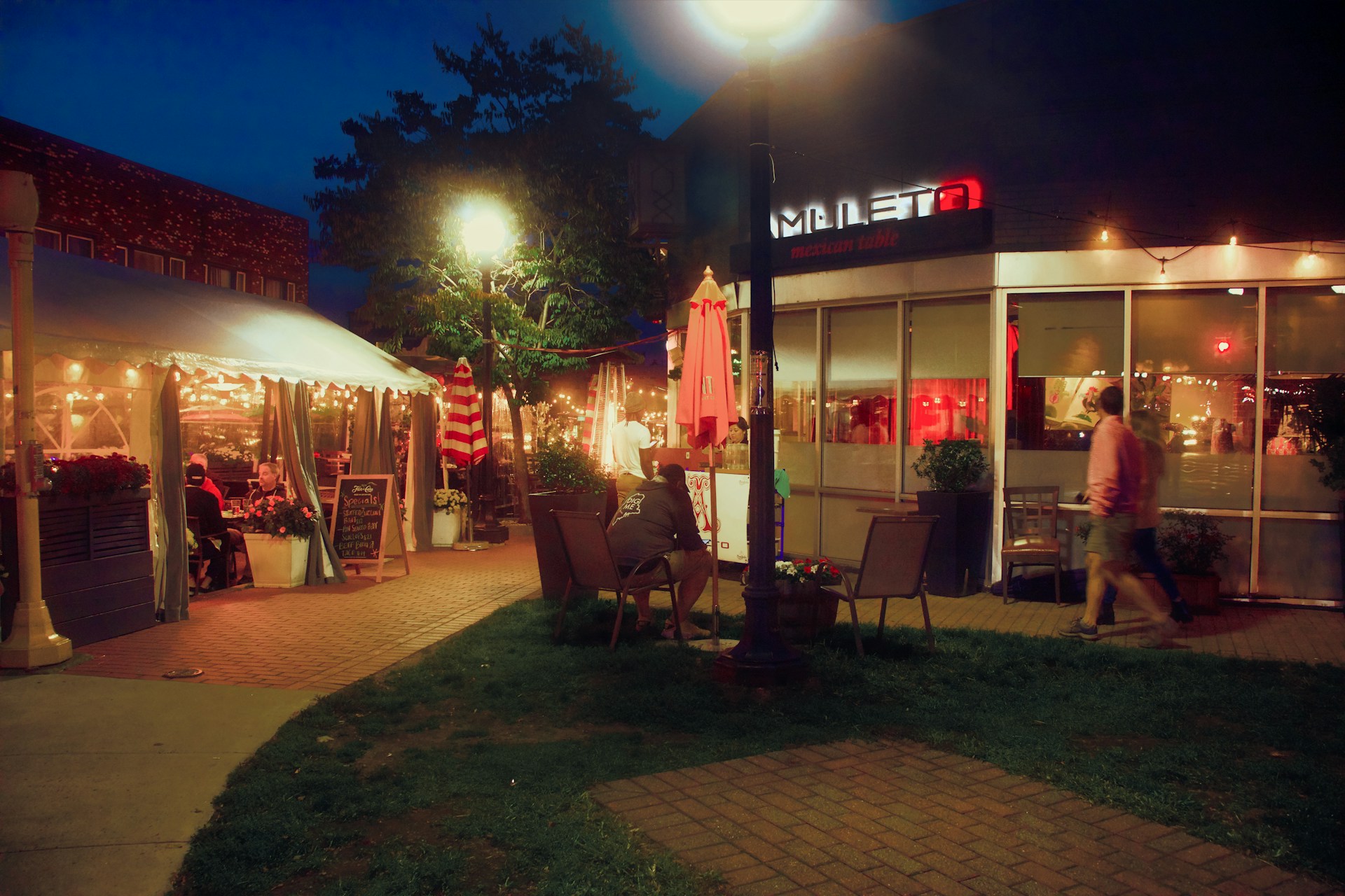 A cozy outdoor dining setup with guests enjoying a barbecue feast under twinkling fairy lights.