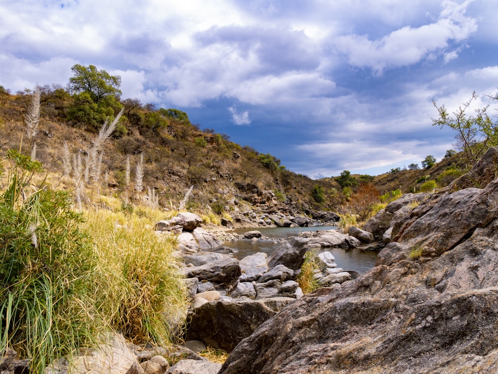 a stream of water running through a rocky area