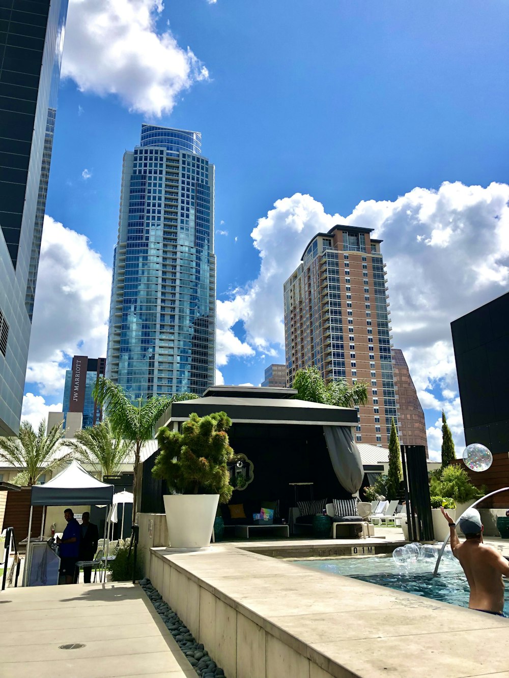 a pool in front of a building