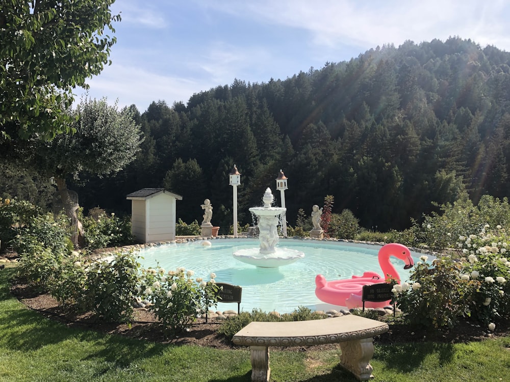 ein Pool mit Springbrunnen darin