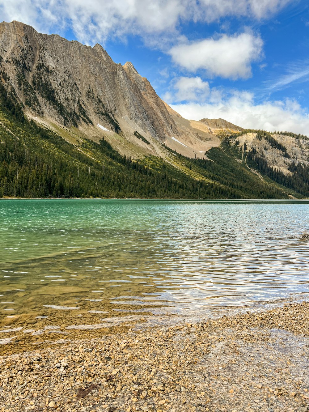 a lake with mountains in the background