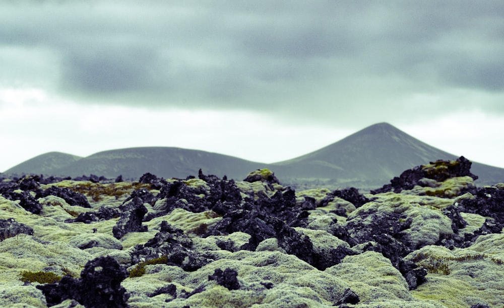 a rocky area with hills in the background