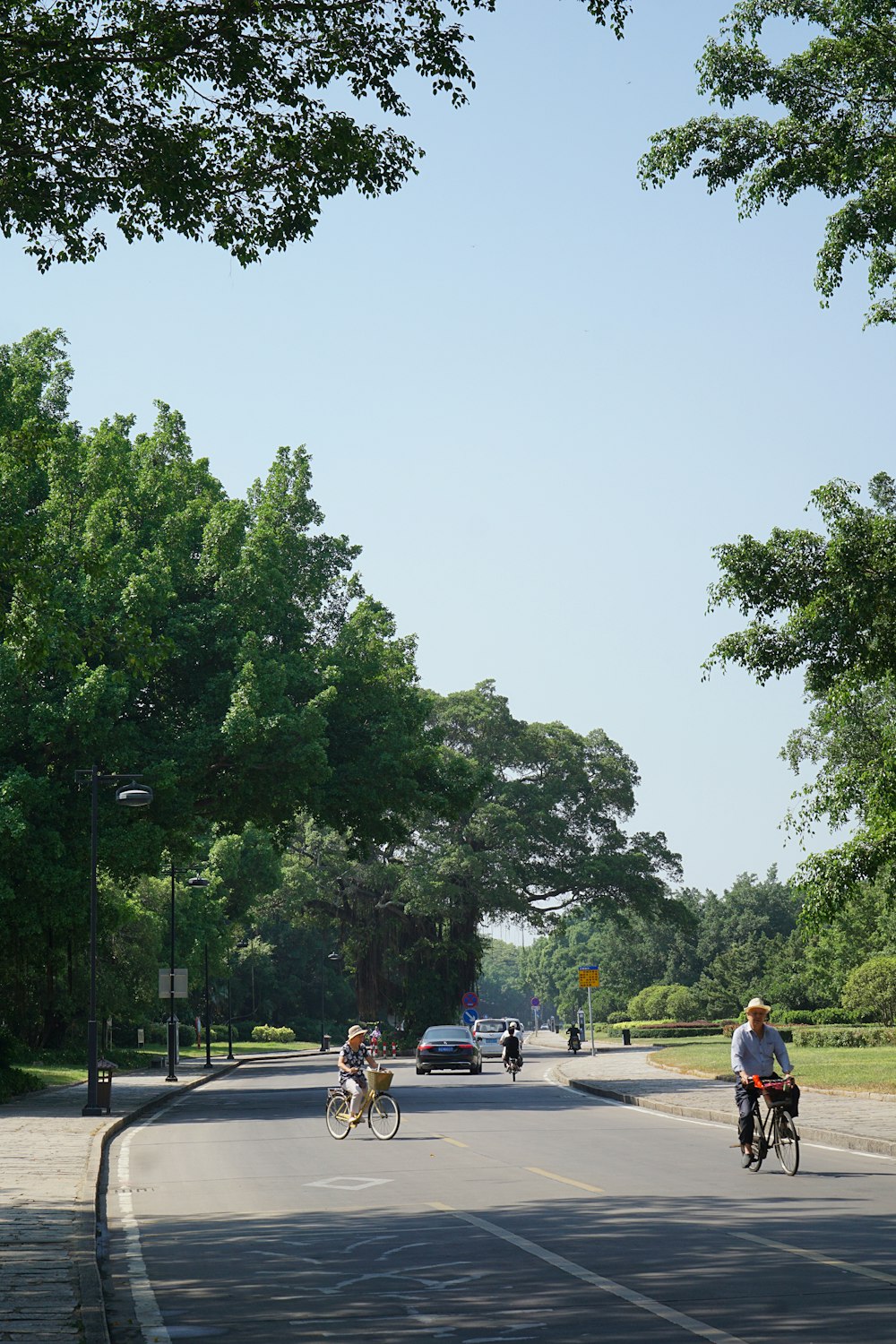 a group of people riding bikes on a street