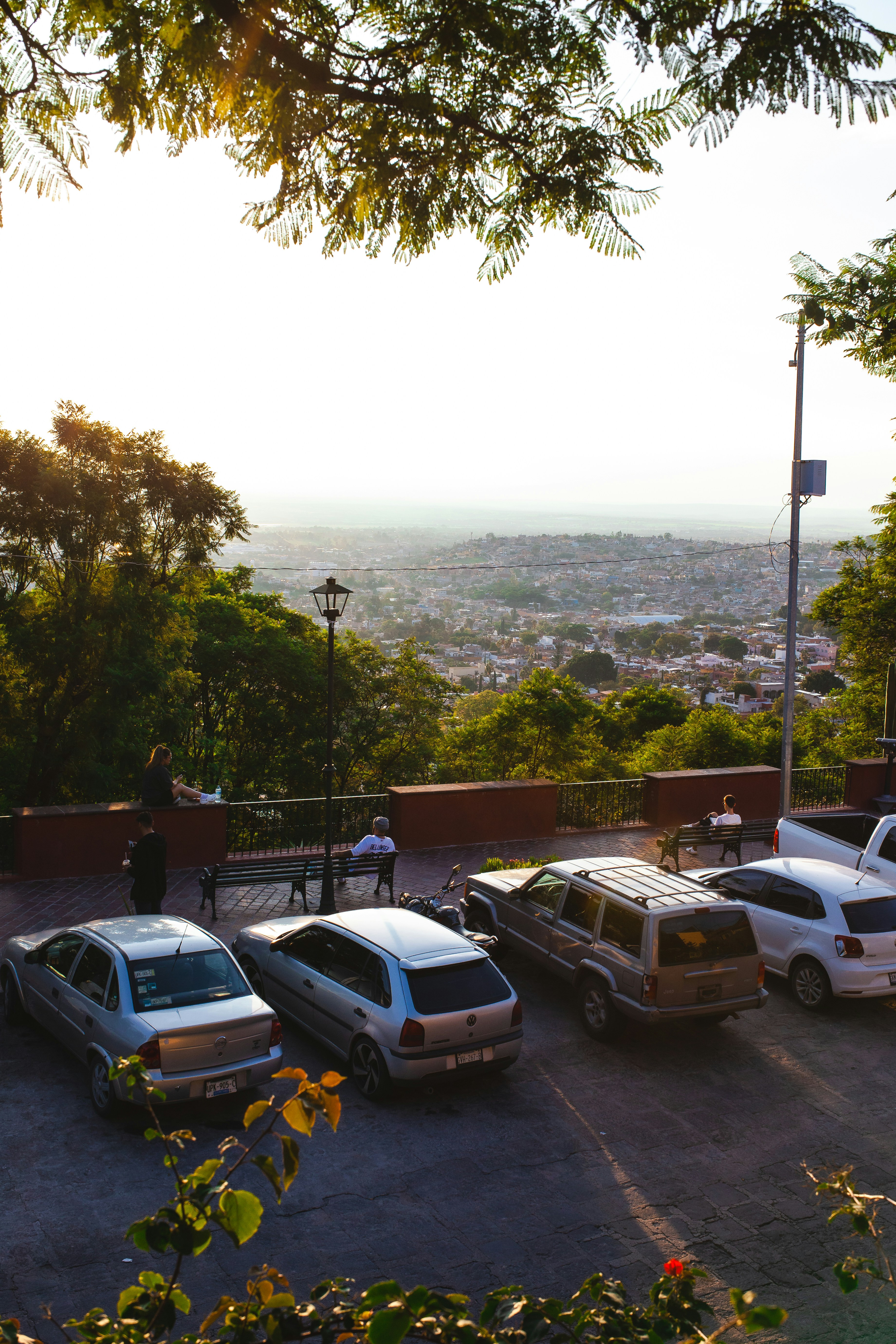 a group of cars parked on a street with a city in the background