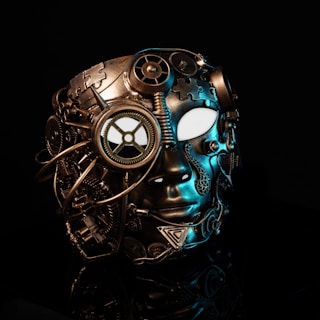 A metallic mask adorned with intricate steampunk elements, including gears, coils, and puzzle pieces. The mask features bright, glowing white eyes set against a dark background, enhancing its mysterious and mechanical appearance.