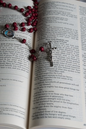Close-up of hands holding a Bible with a rosary, symbolizing faith and learning.