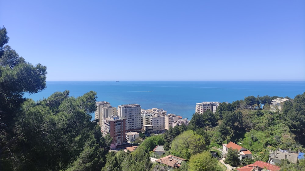 a city with trees and water in the background