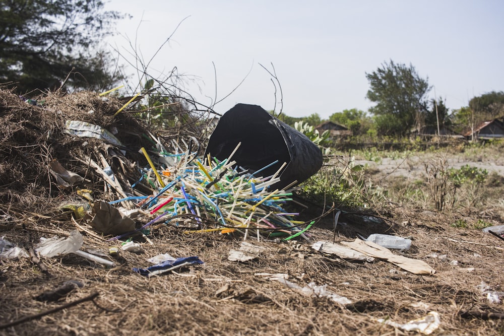 a pile of garbage in a field