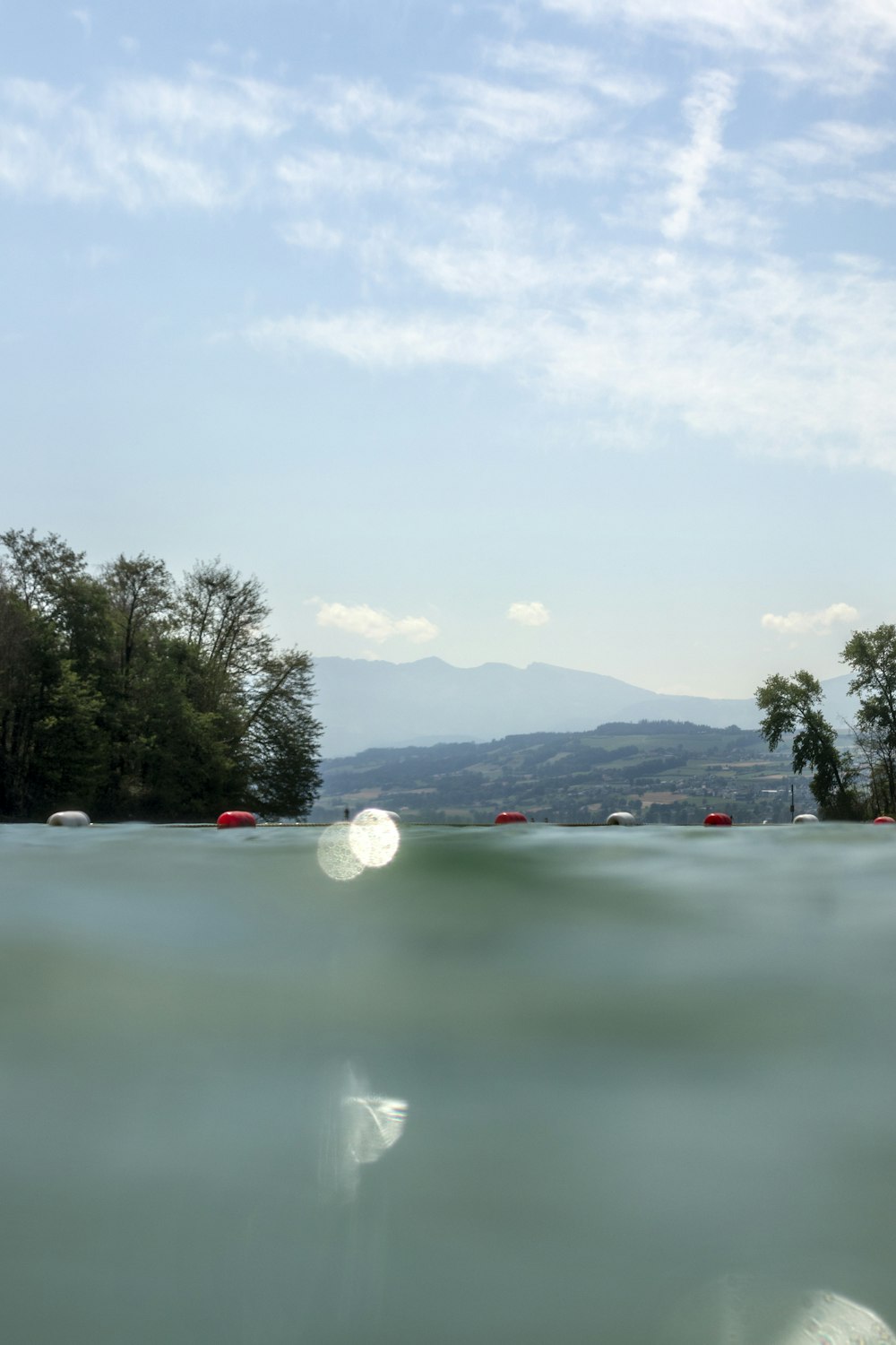 a body of water with trees and mountains in the background