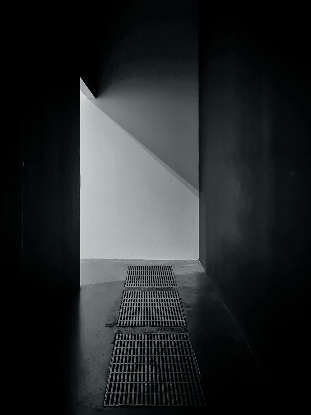 a dark hallway with a black railing