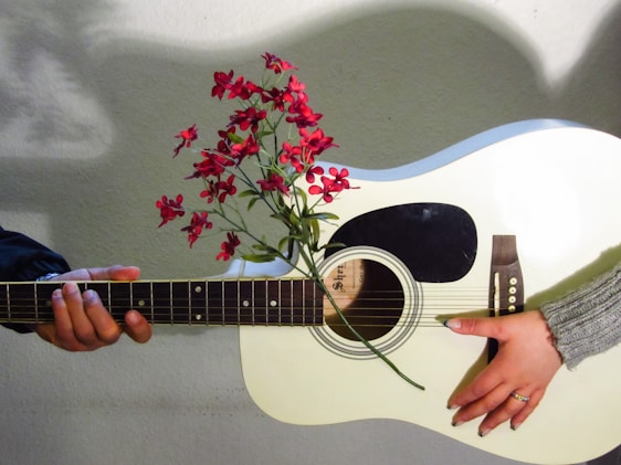 A white acoustic guitar is held horizontally by two hands from opposite sides. Red flowers are placed so that they appear to be growing out of the sound hole, adding a creative and artistic touch.