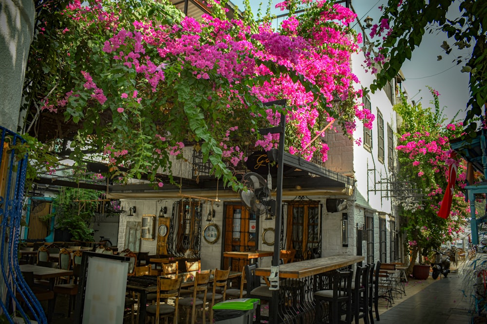 a street with tables and chairs and a building with pink flowers