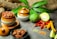 A rustic arrangement of culinary ingredients features ceramic pots with spicy pickles, fresh mangoes, a bunch of red chili peppers, turmeric, and various seeds on a gray stone surface. The background includes green leaves, pieces of wood, and burlap fabric, creating a natural and earthy setting.