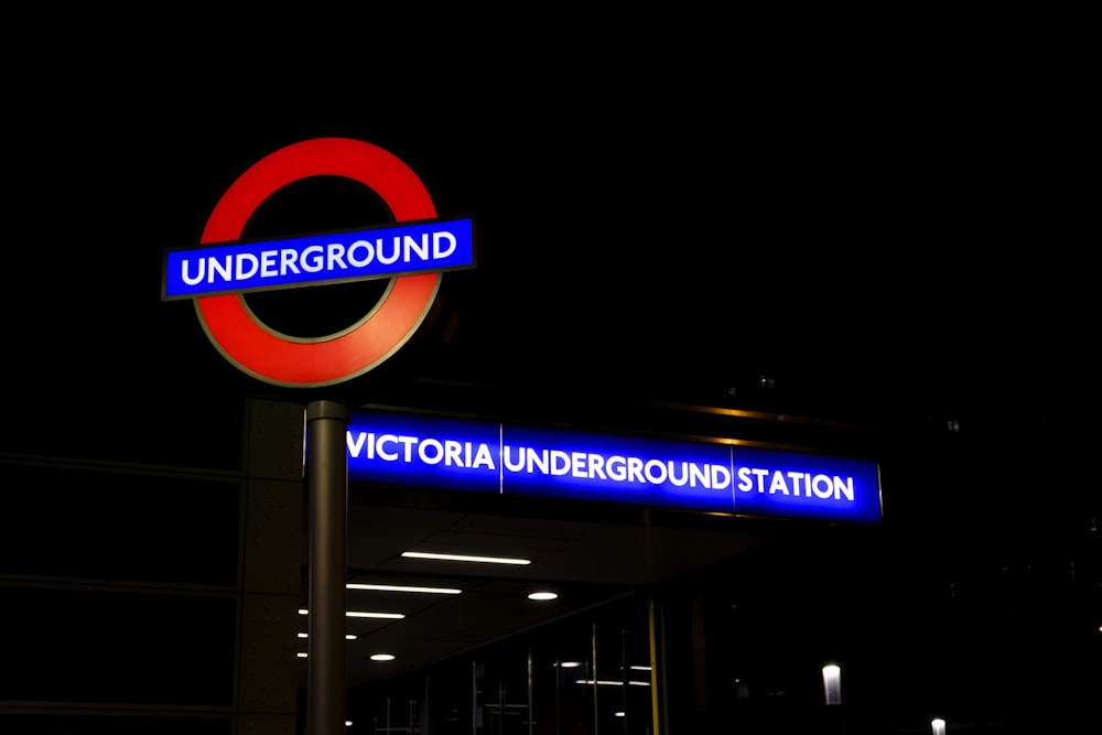 a sign with a blue and red sign