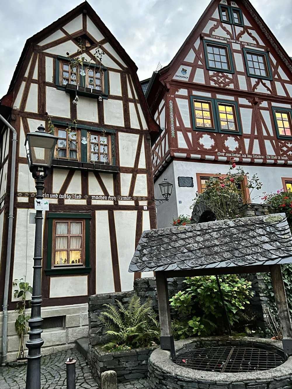 a stone building with a stone patio