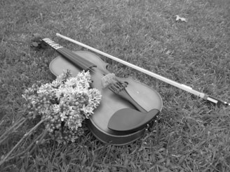 A gentle violin resting on a white lace cloth beside a single white rose.