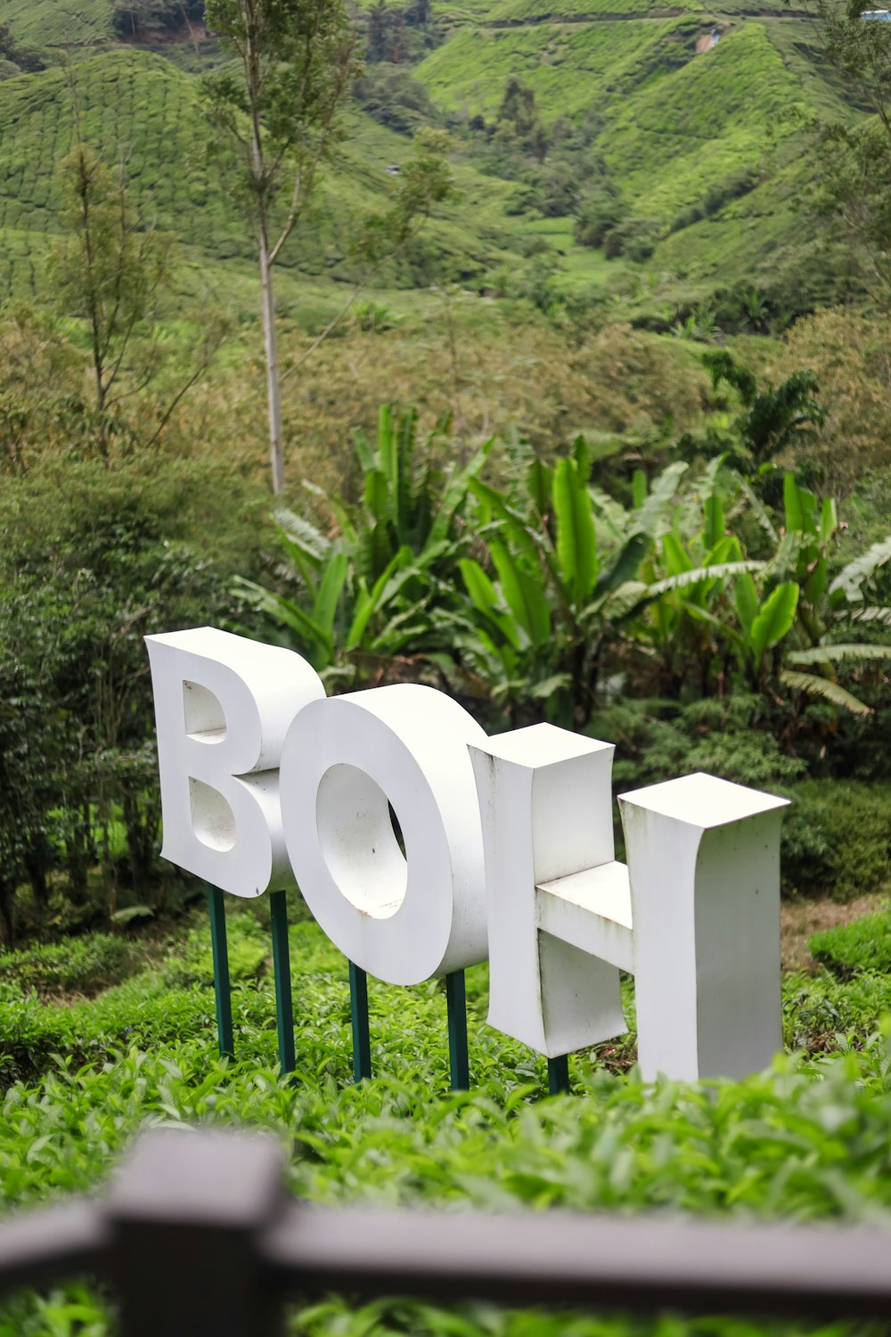 a sign in front of a forest