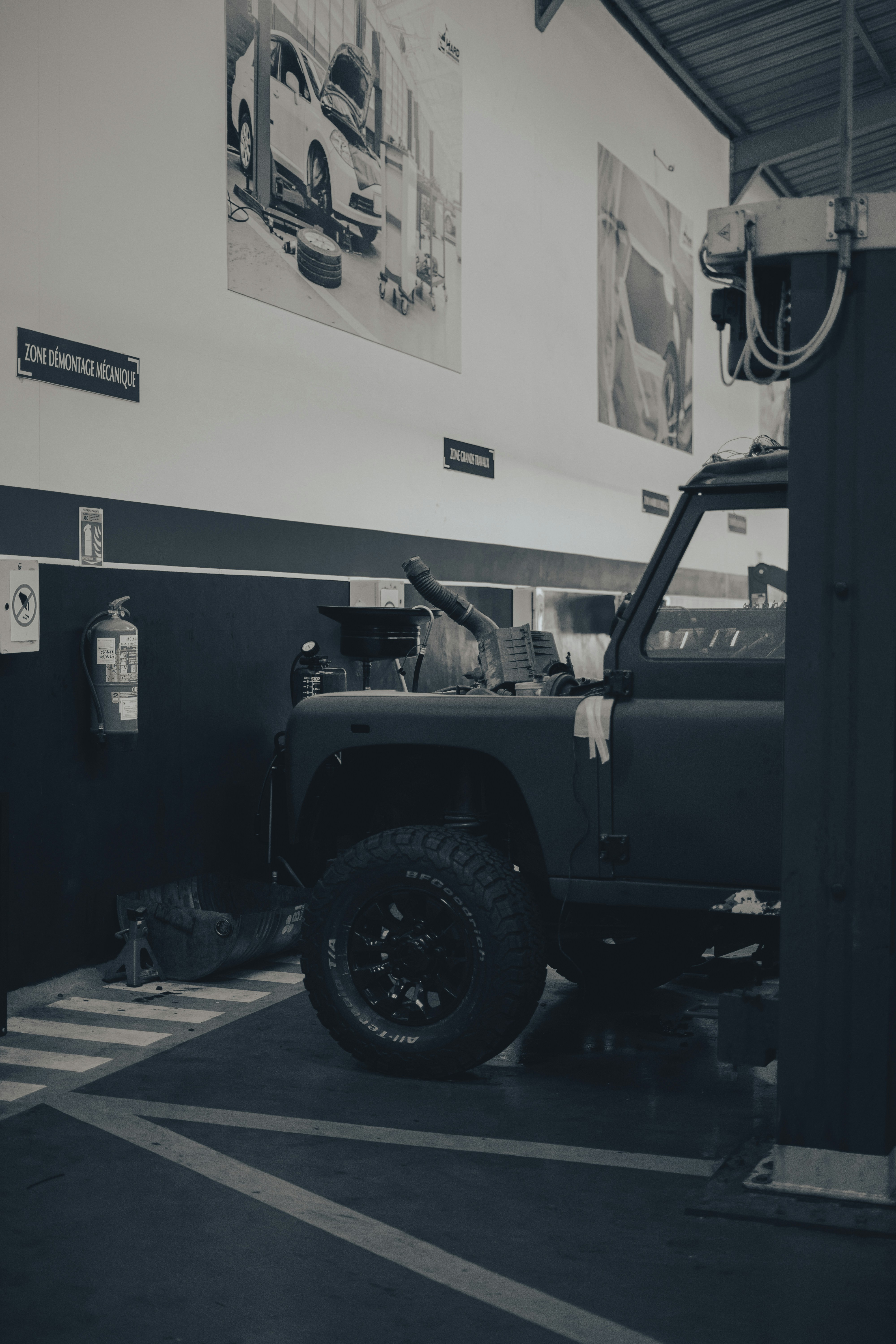 a military vehicle in a room