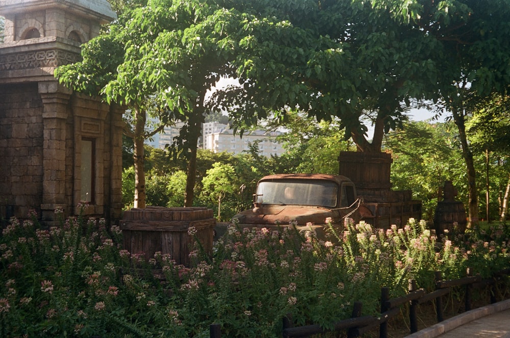 a car parked in a garden