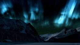 Northern lights dancing over Icelandic landscape with a small cabin.