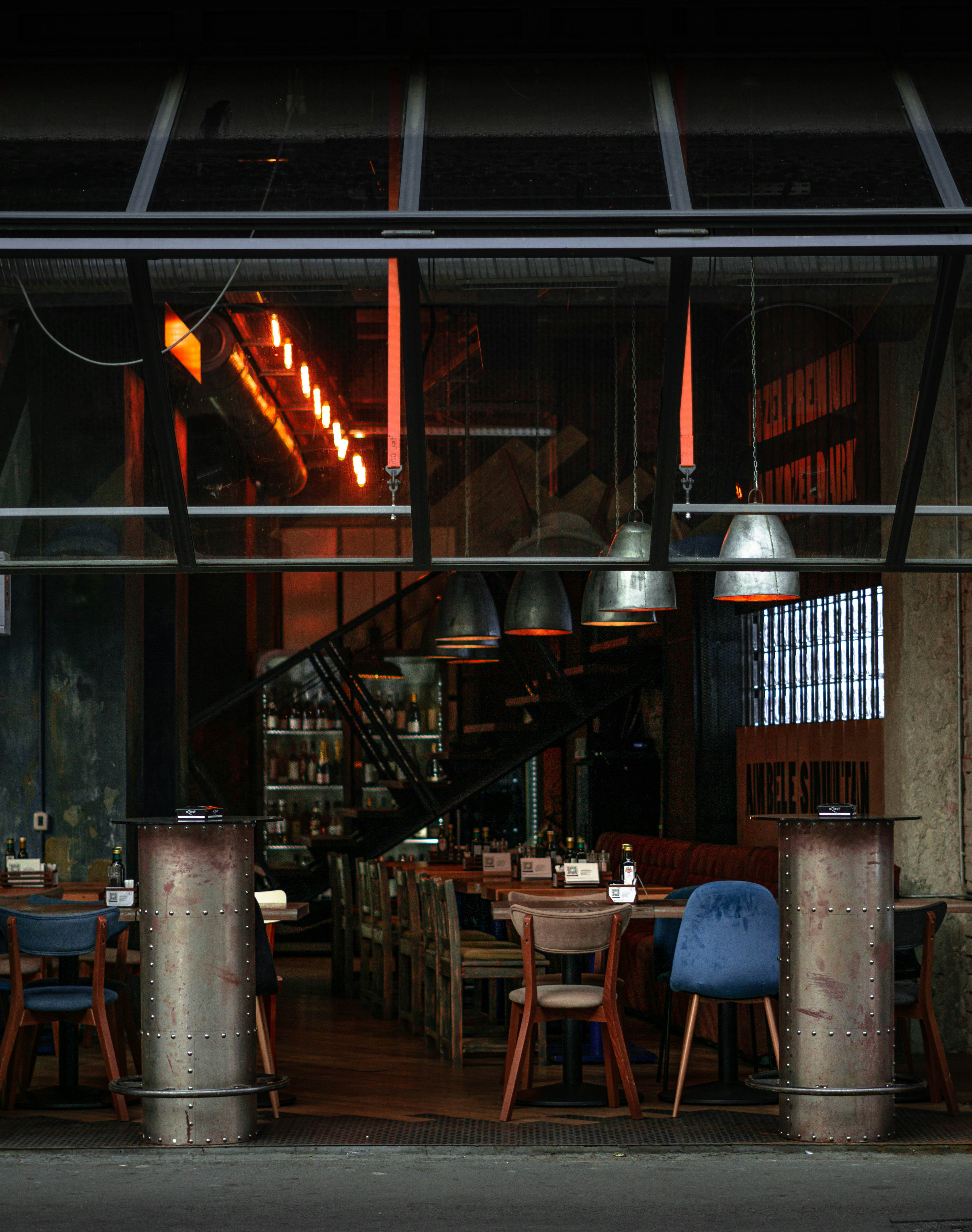 a restaurant with a fire