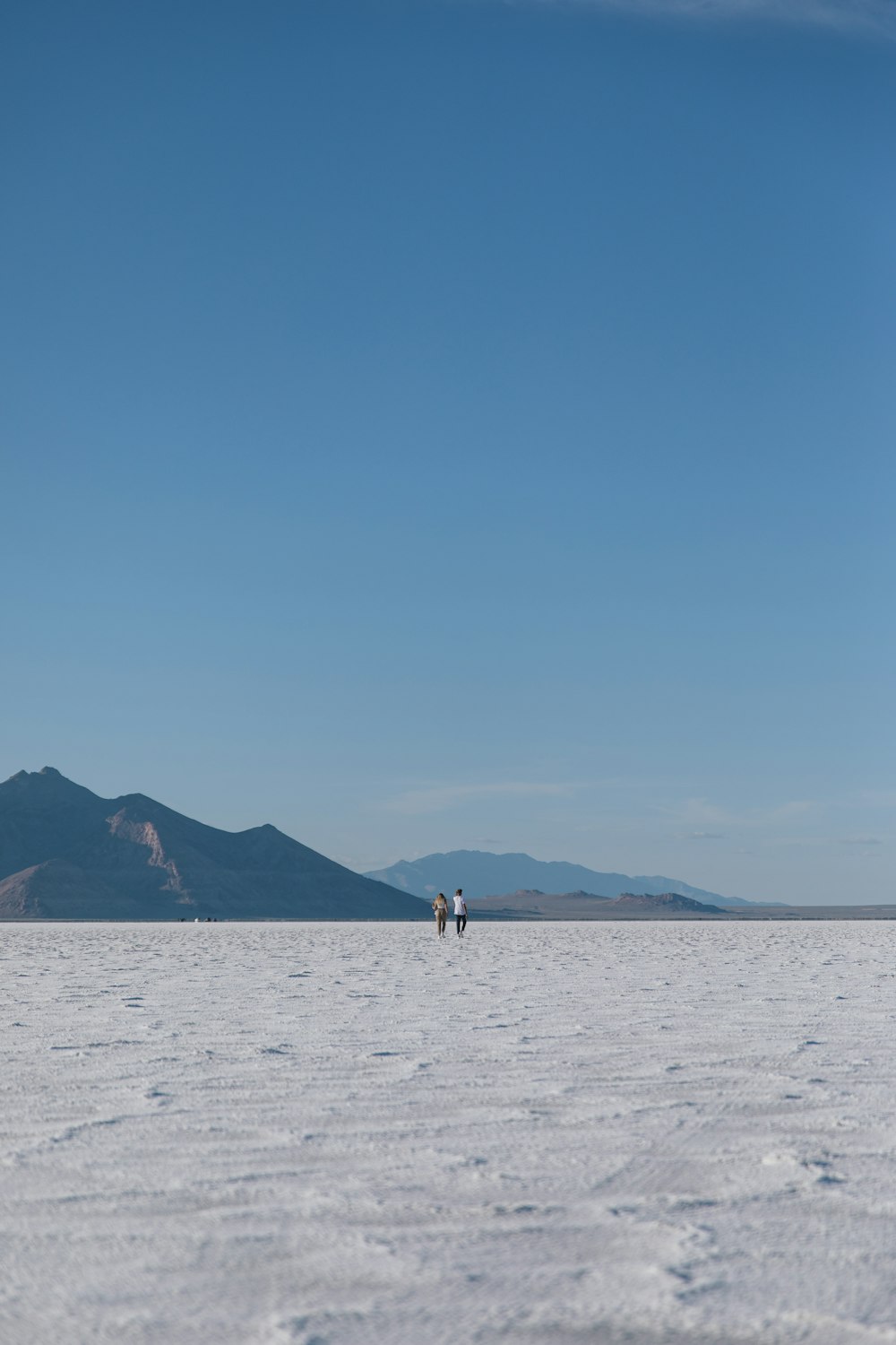 a couple people walking on a snowy field