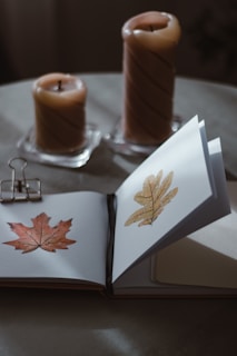 A vintage grimoire open on a wooden table surrounded by dried herbs and a flickering candle.