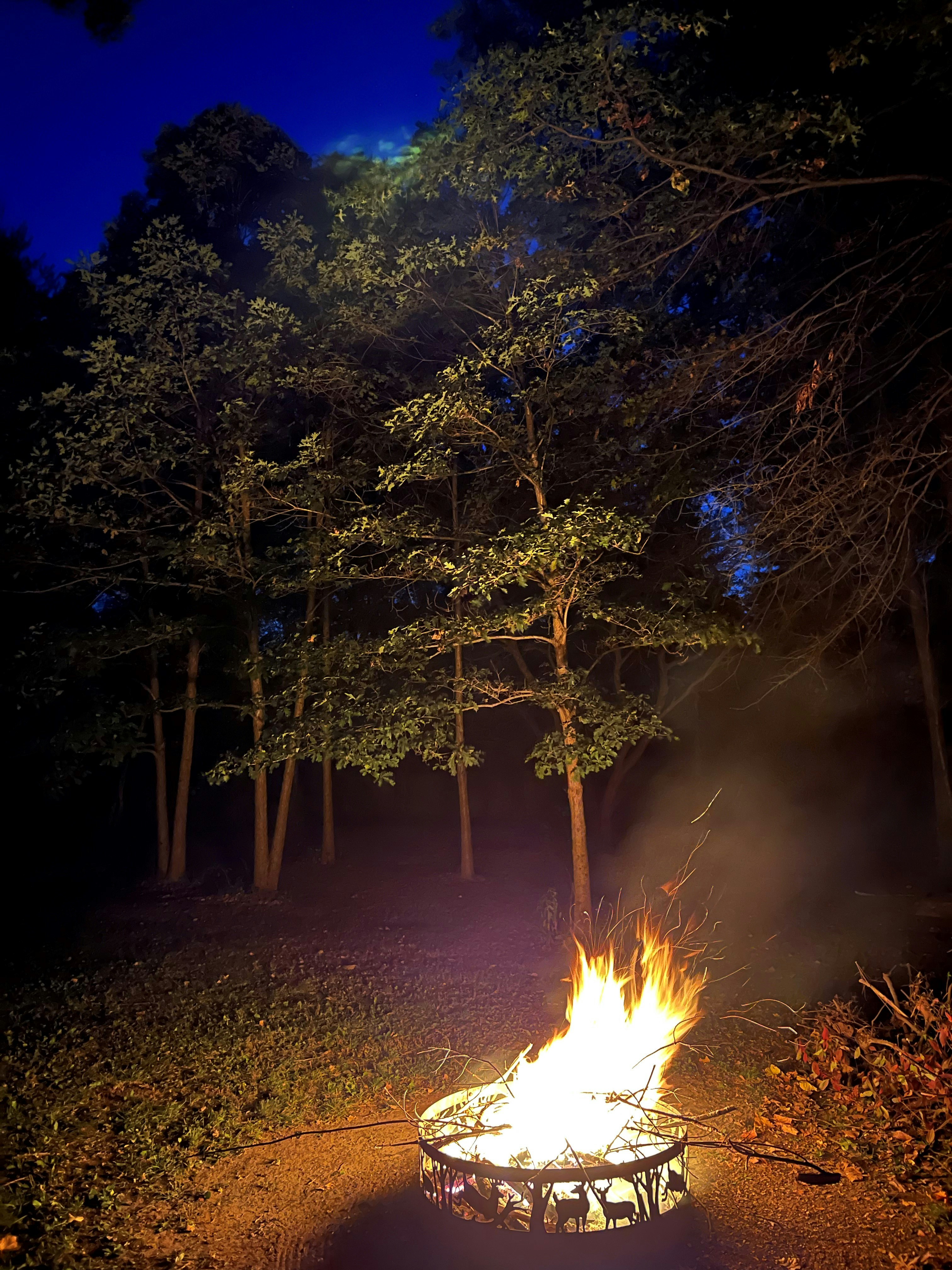 Outdoor firepit with flames at night