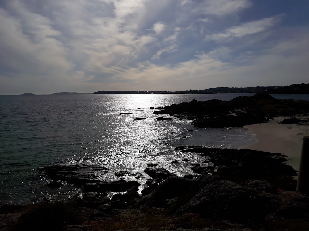 a beach with rocks and water