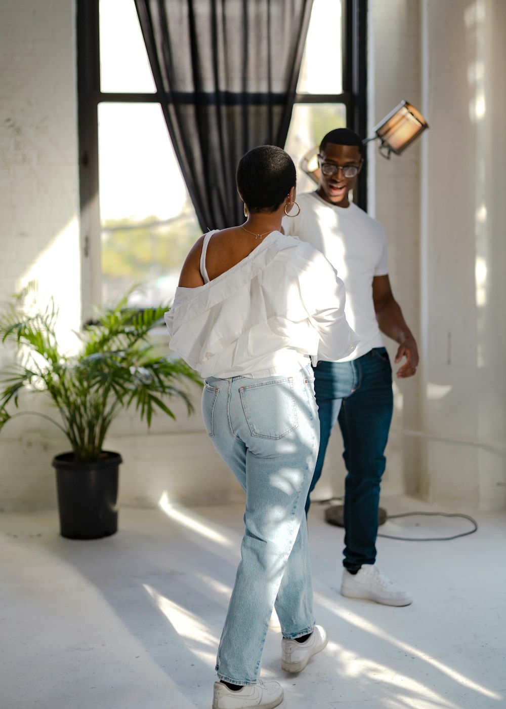 a man and woman walking