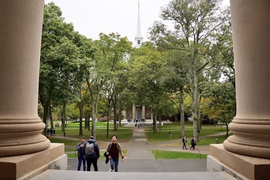 A large outdoor area with lush green trees surrounding a central path leading to a classic building with a tall white spire. The scene includes several people walking and talking on the path, suggesting a campus or park setting. Large stone columns frame the view on both sides.