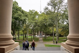 A large outdoor area with lush green trees surrounding a central path leading to a classic building with a tall white spire. The scene includes several people walking and talking on the path, suggesting a campus or park setting. Large stone columns frame the view on both sides.