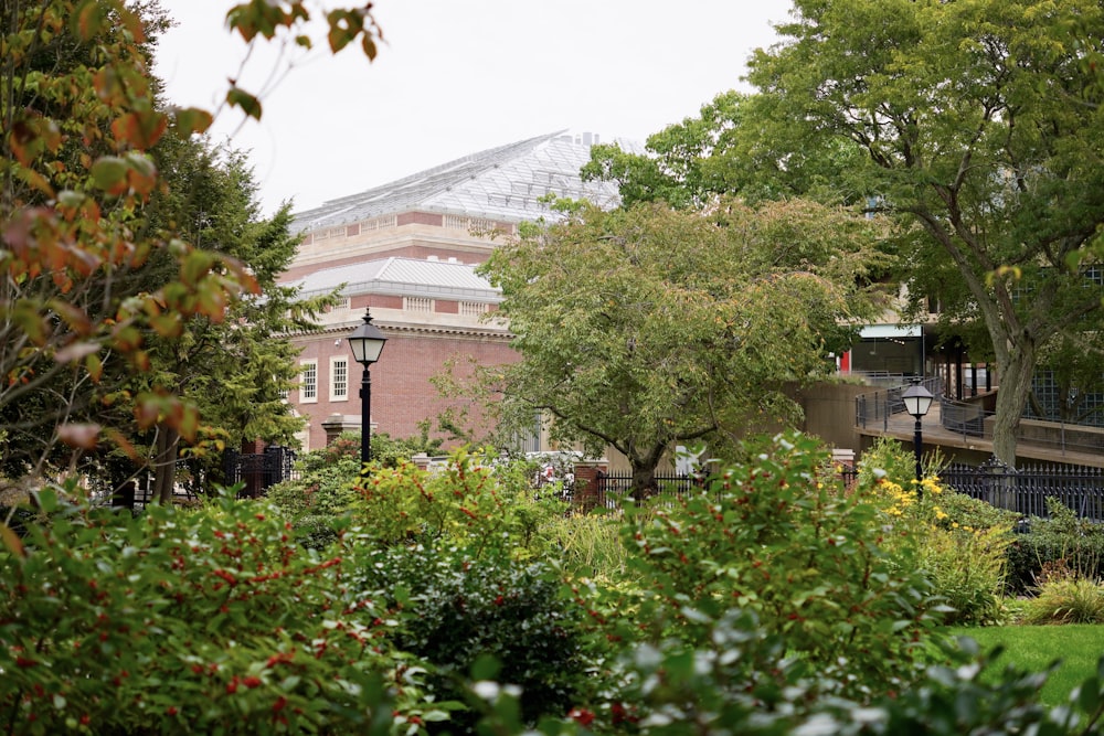 a garden with trees and a building in the background