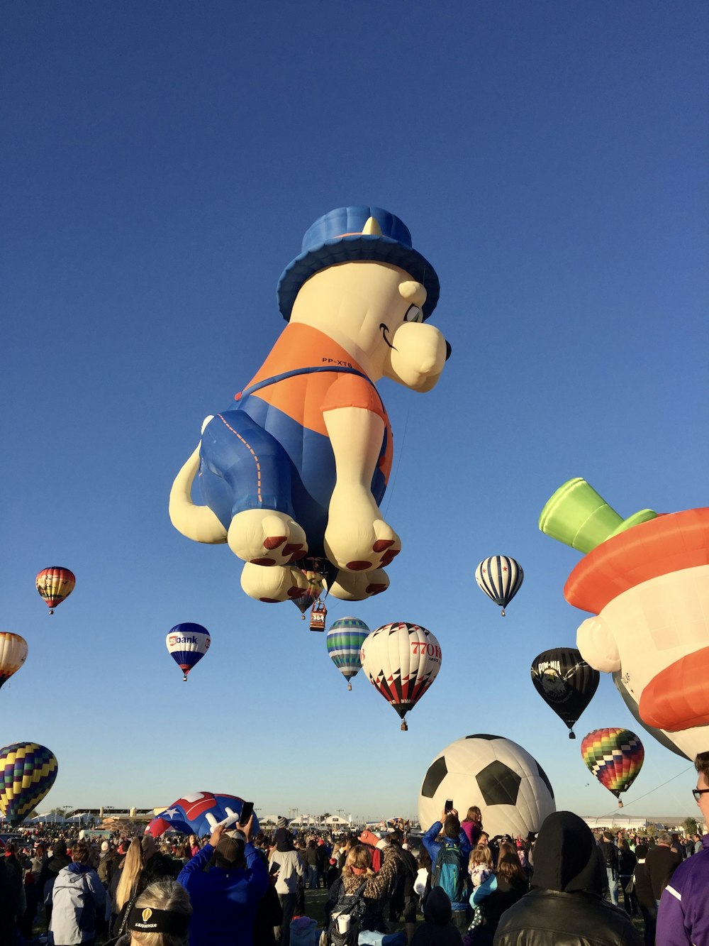 a large group of people in a hot air balloon