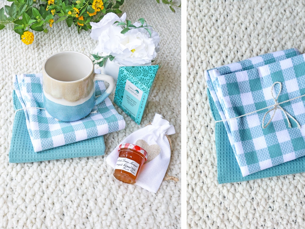 a tea bag and a cup of tea on a table