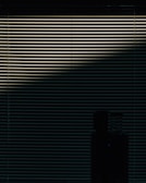 Horizontal blinds are partially open, allowing a dim light to pass through, casting a pattern of lines across the scene. In the lower part of the image, a silhouetted object is visible, possibly a piece of furniture or appliance.