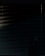 Horizontal blinds are partially open, allowing a dim light to pass through, casting a pattern of lines across the scene. In the lower part of the image, a silhouetted object is visible, possibly a piece of furniture or appliance.