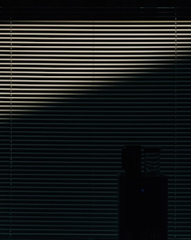Horizontal blinds are partially open, allowing a dim light to pass through, casting a pattern of lines across the scene. In the lower part of the image, a silhouetted object is visible, possibly a piece of furniture or appliance.
